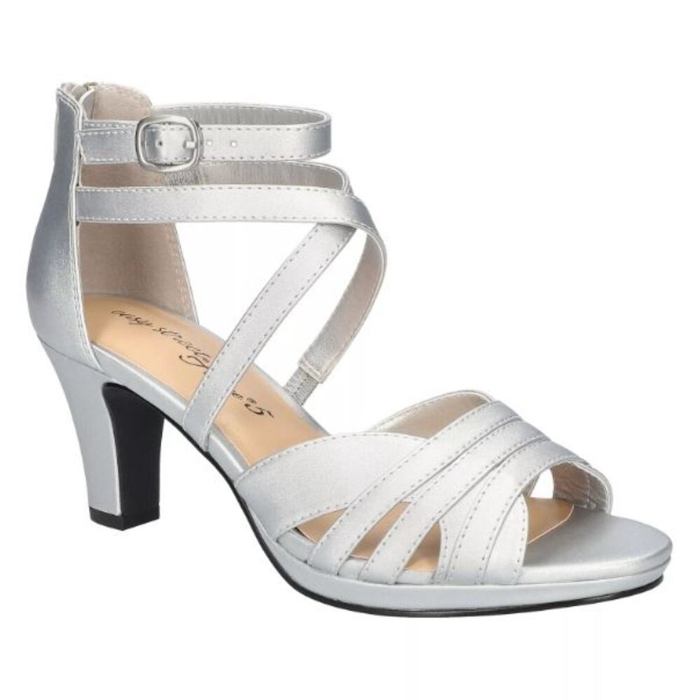 Easy Street Women's Crissa Pointed Toe Strappy Sandals Silver Satin Size 8M NWB